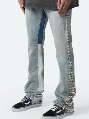 MNML Light Wash Bootcut Jeans with Dark Blue Panel & Stud Trim